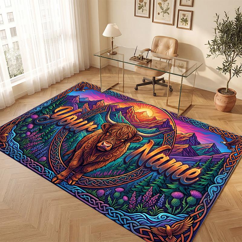Highland Cow Theme Soft Crystal Velvet Rug Custom Name & Text Print Non Slip Floor Rug for Bedroom Living Room