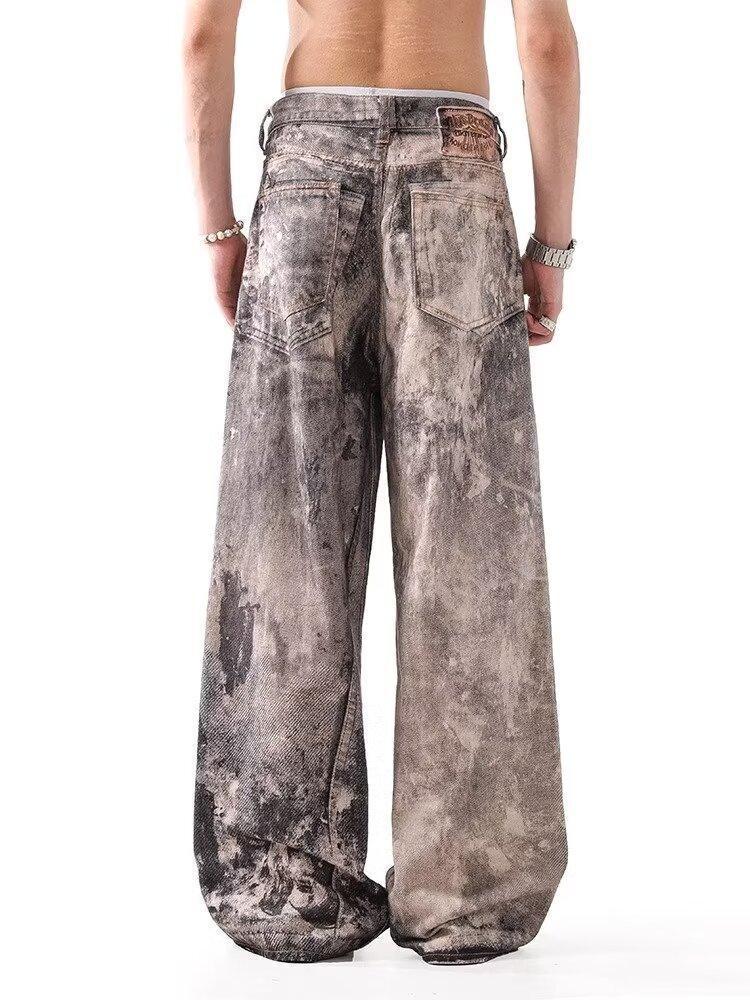 

2024 Унисекс Широкие джинсы с высокой талией, окрашенные в технике струйной печати, с потертостями S жёлтый