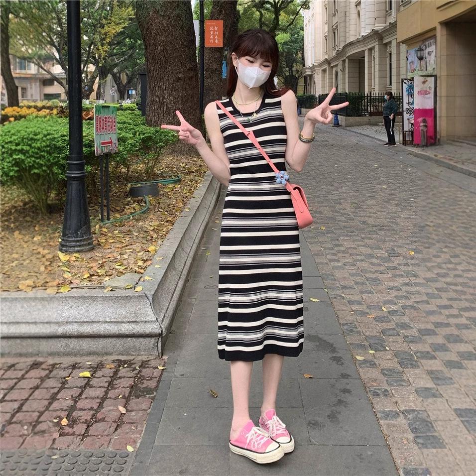 2025 Korean Style Chic Striped Sleeveless Midi Vest Dress for Women - Slim Fit