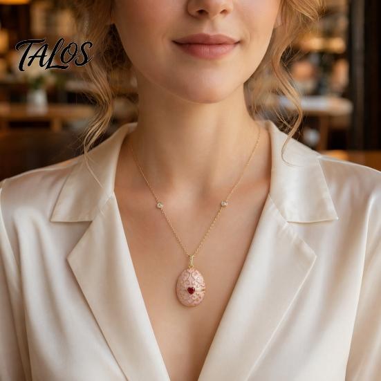 Talos Openable Egg Pendant Necklace, Cubic Zirconia Heart Retro Box Jewelry Gift for Girlfriend Wife Mom