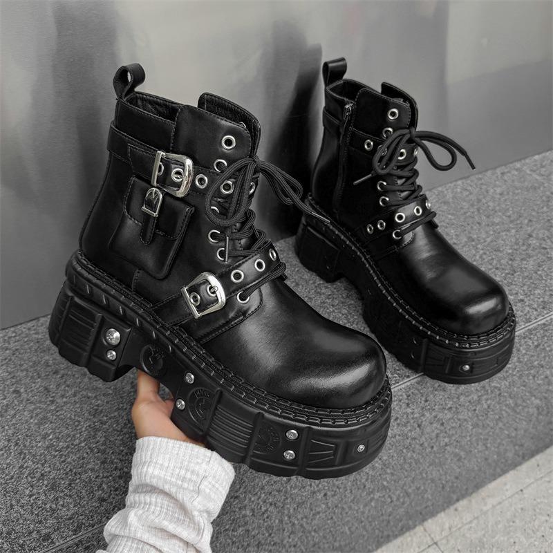 Couple Dark Motorcycle Boots Heavy Metal Platform Ankle Boots Men Women Punk Leisure Leather Shoes Knight Boots Botas Para Mujer