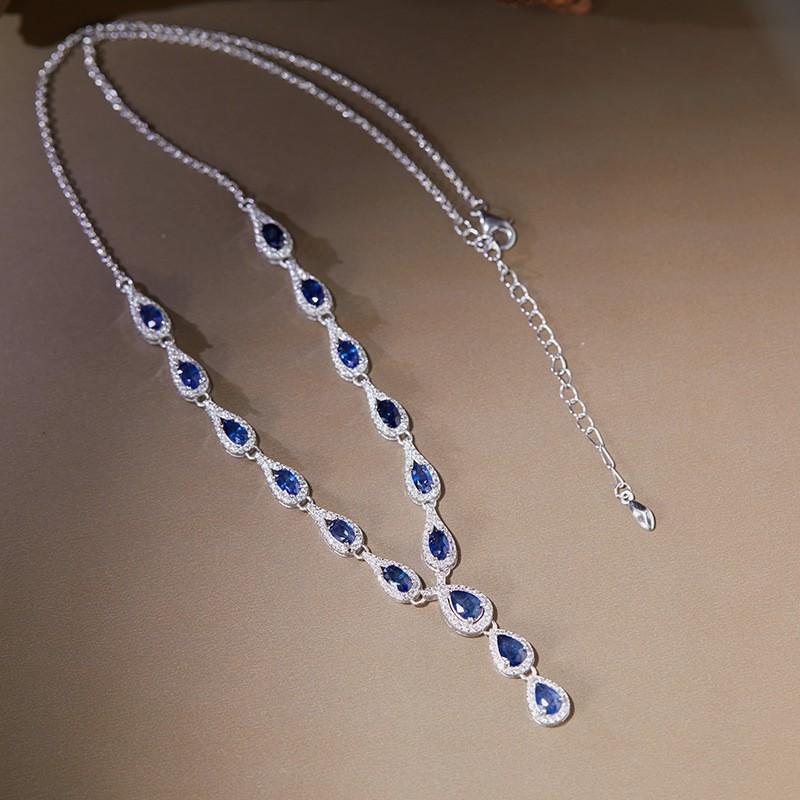 French Vintage Sapphire Y Necklace Water Drop Gradient Choker Banquet Women