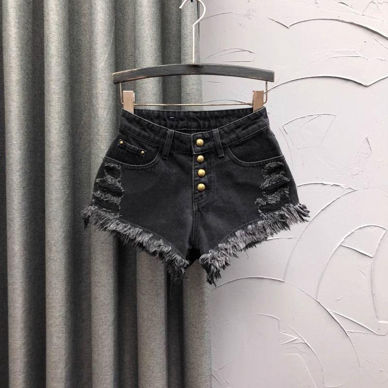 

Single Breasted Fashionable Stylish Raw Hem Wide Legs Denim Shorts Black [high quality]] M