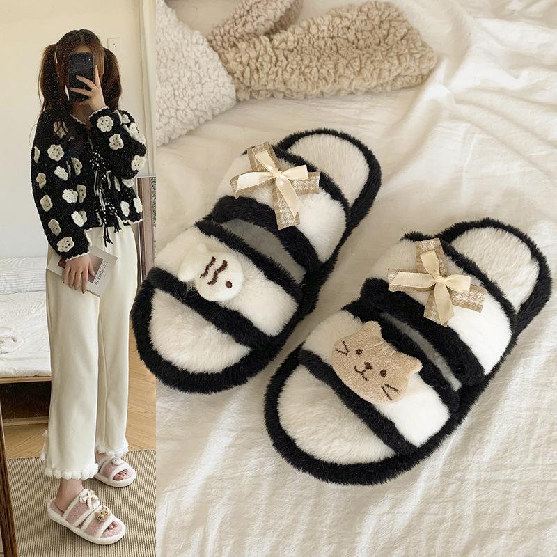 Fashion color matching cute cartoon fluffy slippers women's 2025 autumn and winter new outer wear home indoor cotton slippers shoes