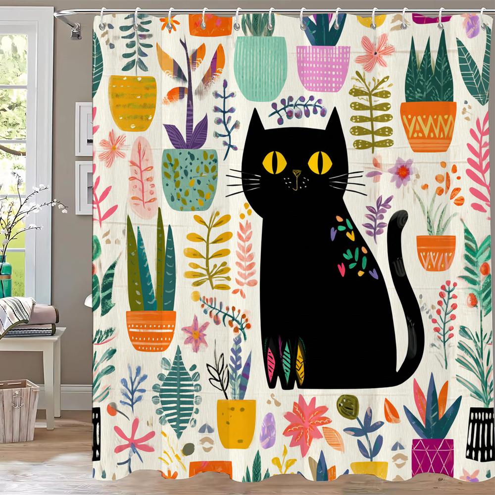 Modern Plant and Cartoon Cute Cat Shower Curtain, Bathroom Decorative Shower Curtain, Printed Polyester Home Curtain with Hooks