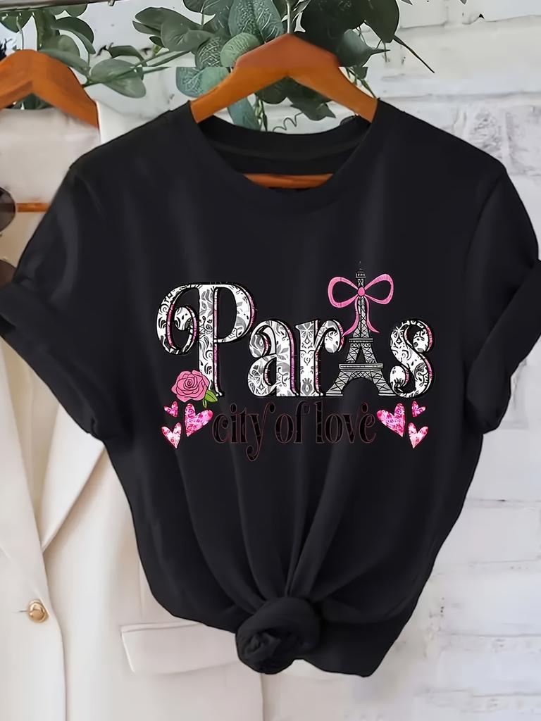 Paris City of Love Women's T-Shirt - Soft Breathable Casual Summer Fashion with Eiffel Tower Print Round Neck Short Sleeve Top