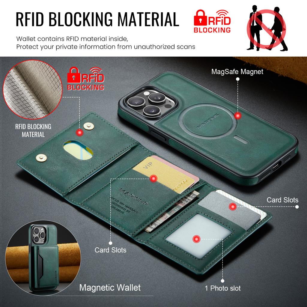 MAGKING K2 Series For iPhone 14 Pro Case Compatible with MagSafe PC+TPU+PU Leather RFID Blocking Phone Cover with Wallet