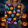 Women's Casual Halloween Print V Neck Button Front Three Quarter Sleeve T Shirt Top for Fall Seasonal Wear