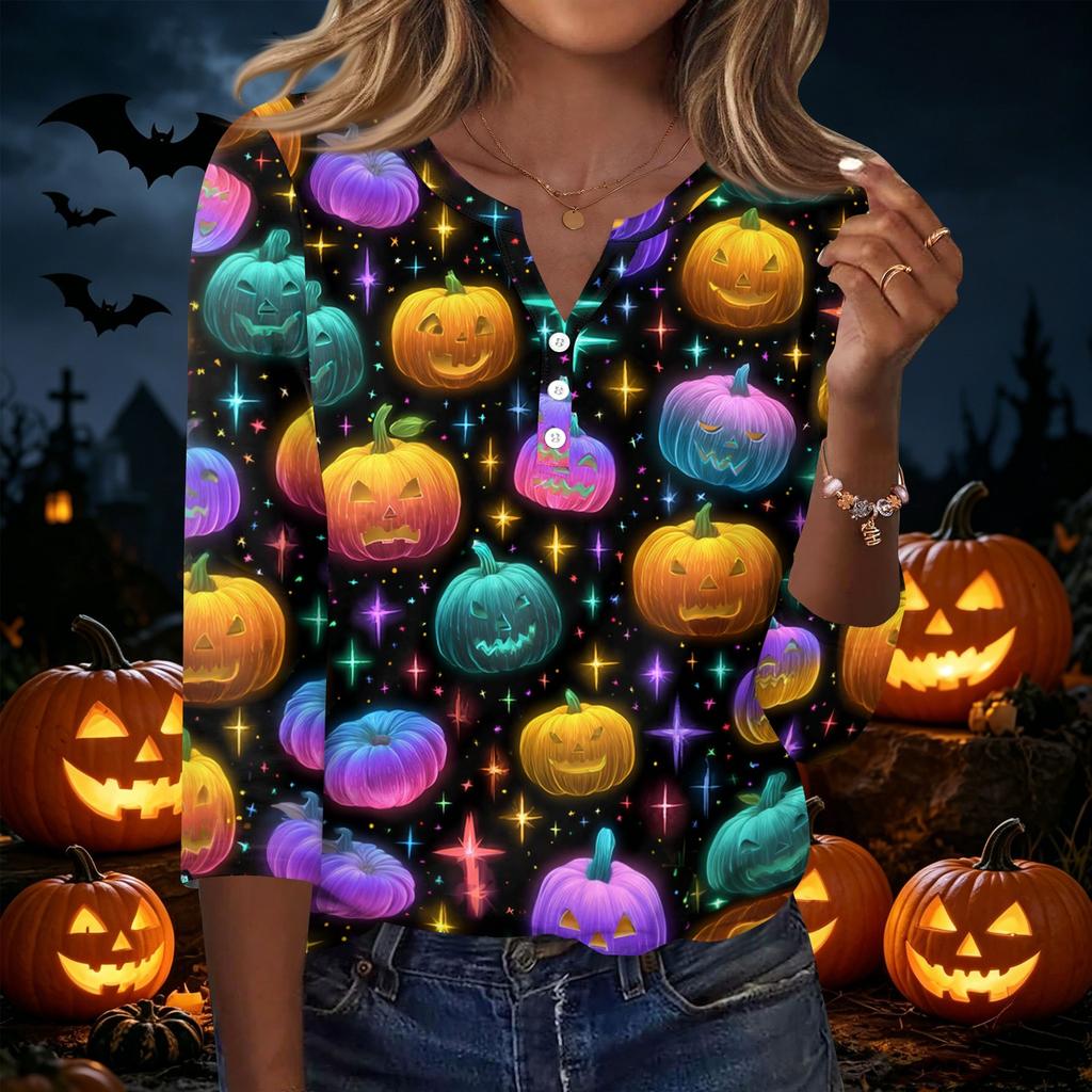 Women's Casual Halloween Print V Neck Button Front Three Quarter Sleeve T Shirt Top for Fall Seasonal Wear