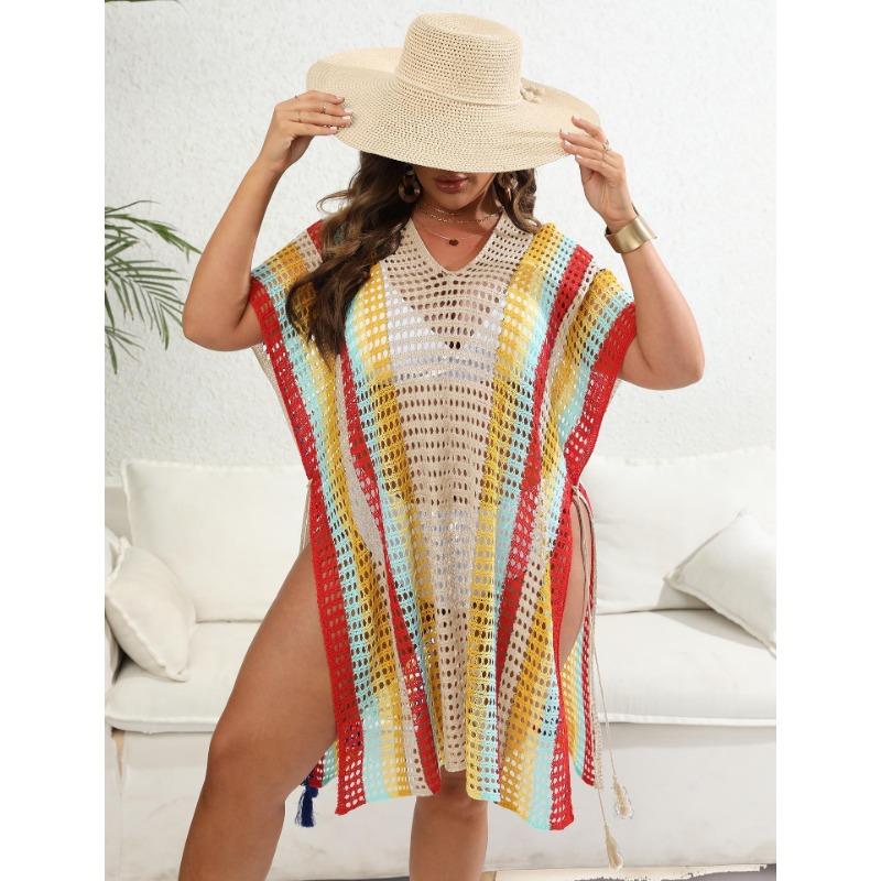 Plus Size Women's Color Contrast Patchwork Woven Hollow Beach Bikini Smock Dress Lace Up