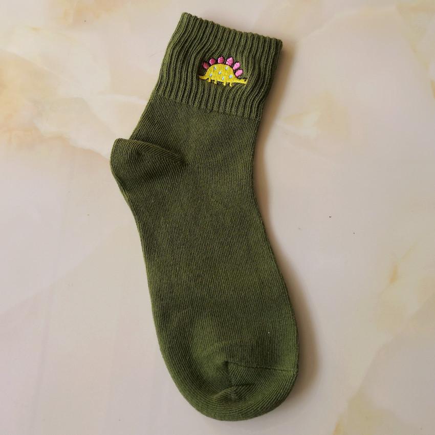 Women's Mid-Calf Cotton Socks - Embroidered Dinosaur Design for Autumn/Winter