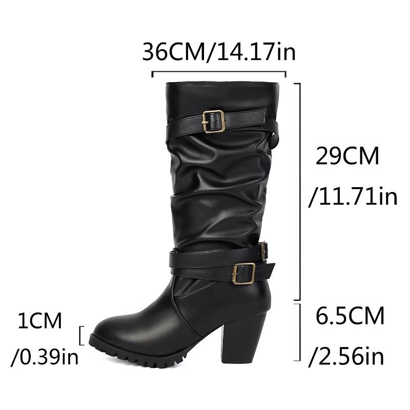 Fashion 2025 Autumn and Winter New Large Size Heel 6.5CM Side Zipper Low Tube Female Boots Double Buckle Fold in The Boot