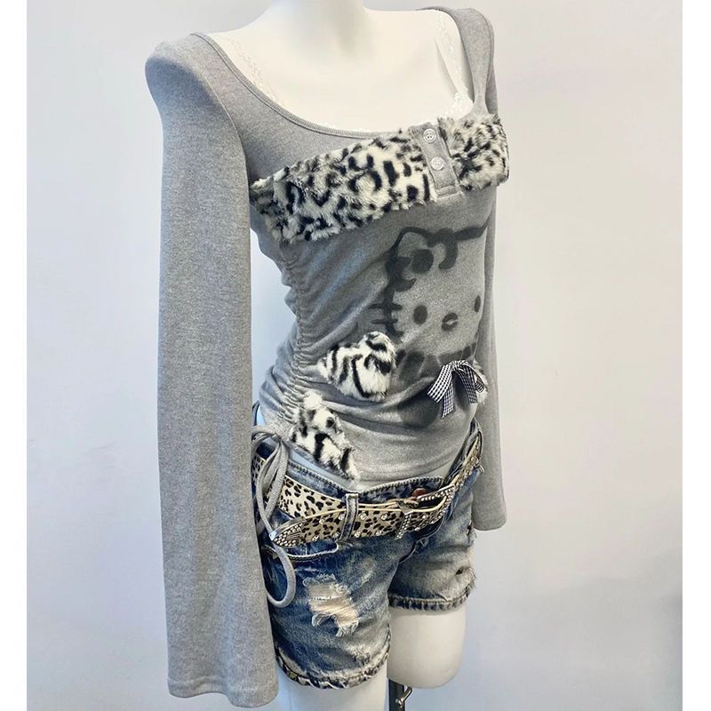 Long Sleeved T-shirt Early Spring American Style Kitten Print Patchwork Leopard Print Slim Fit Top Trend Sets