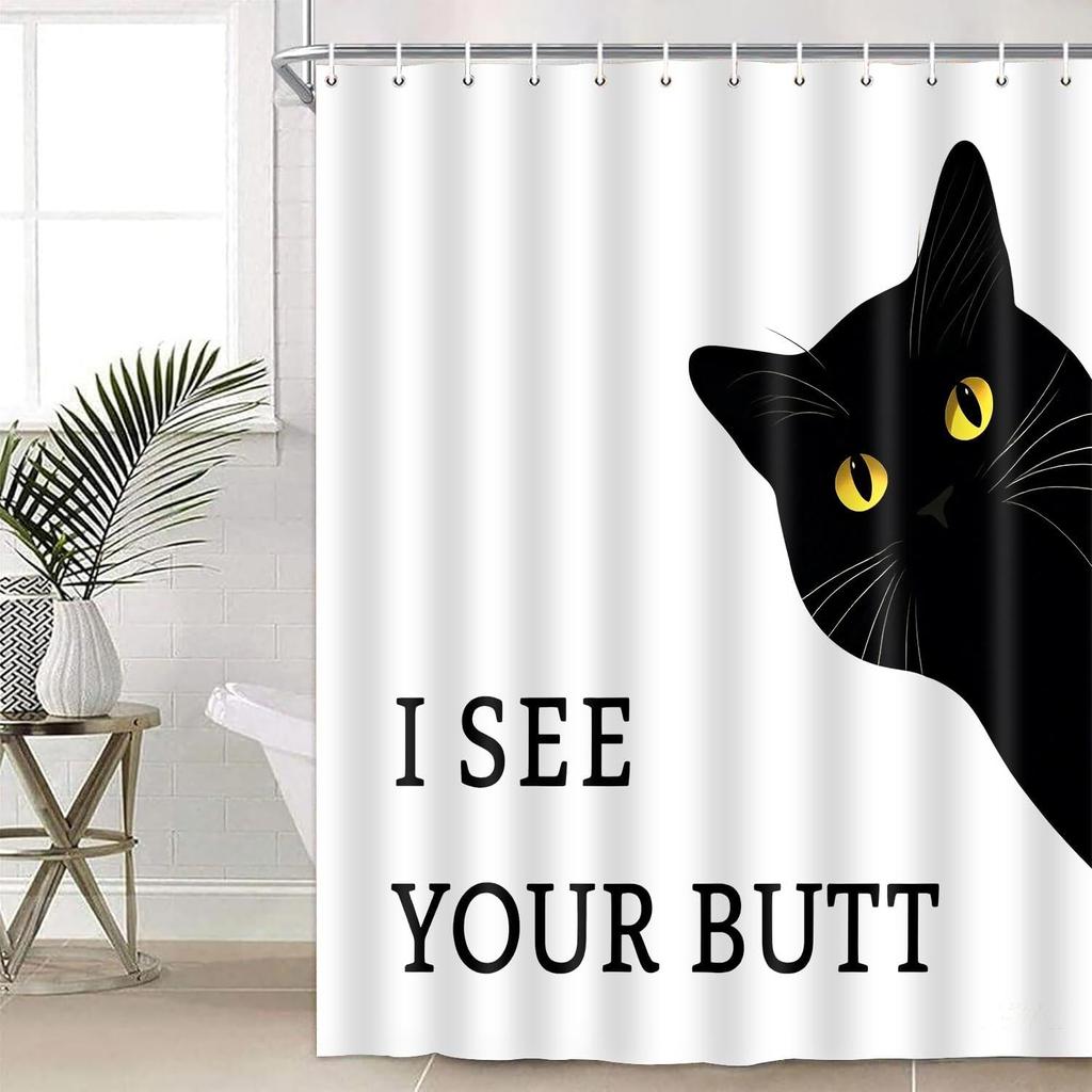 Funny Cat Shower Curtain Set Lovers for Bathroom Decor Farm Kids Bath Curtains with 12 Hooks  I See Your Butt Themed