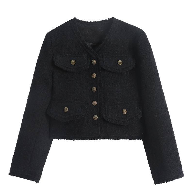 Real Shot Fashionable Women's Black Wool Xiang-Style Loose Short Jacket - Spring/Autumn Socialite Wear