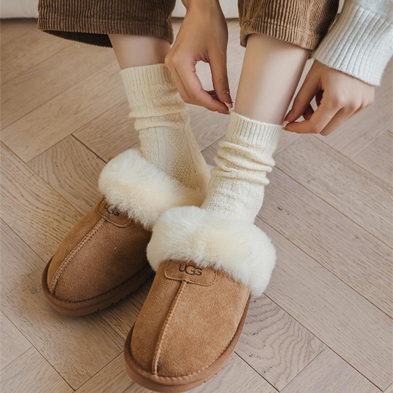 Children'S Wool Socks, Thickened Warm Rhombus Cream Solid Color Medium Tube Socks