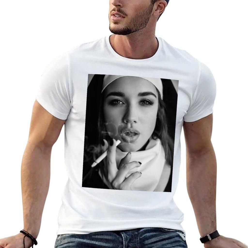 Nun smoking Portrait of a smoking young nun TShirt Plus Size All Match Tee Shirt