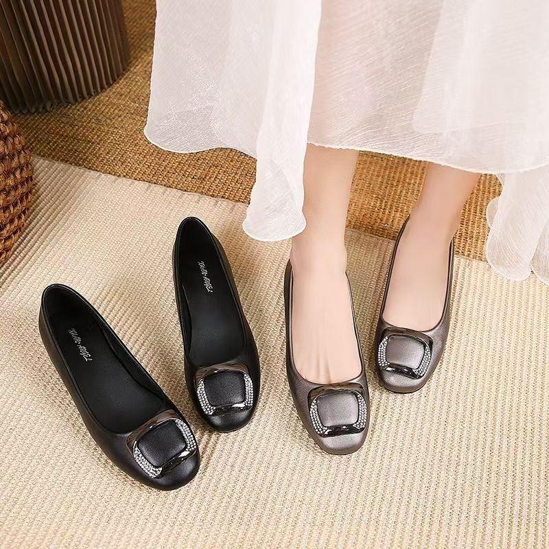 Shallow Thick Heel Single Shoes Women's Summer New Comfortable Leather Round Head Leather Shoes Soft Sole Soft Leather Middle Heel Women's Shoes