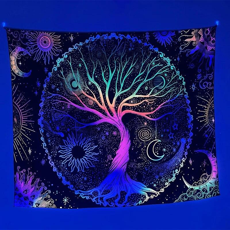Psychedelic Black Light Colorful Tree of Life Fluorescent Tapestry UV Response Wall Hanging Hippie  Room Decoration