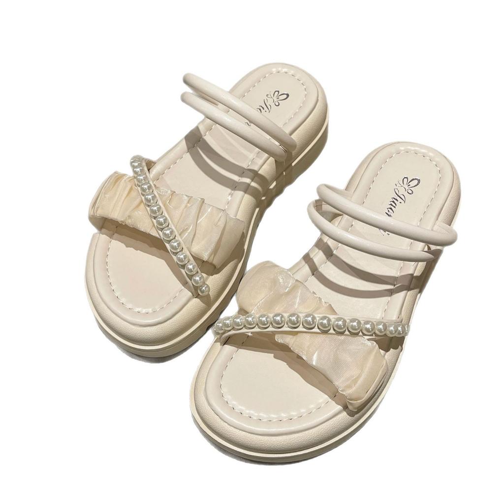 Internet Celebrity Slippers Wear Summer Women 2025 New Pearl Fairy Wind Two Wear Thick-soled Small Fragrant Beach Sandals