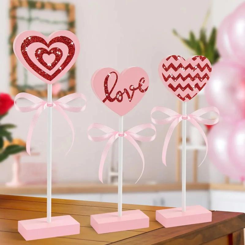 Valentine's Day Wooden Heart-Shaped Ornaments with Table Stands Decorative Wooden Signs for Wedding Festival Photo Props