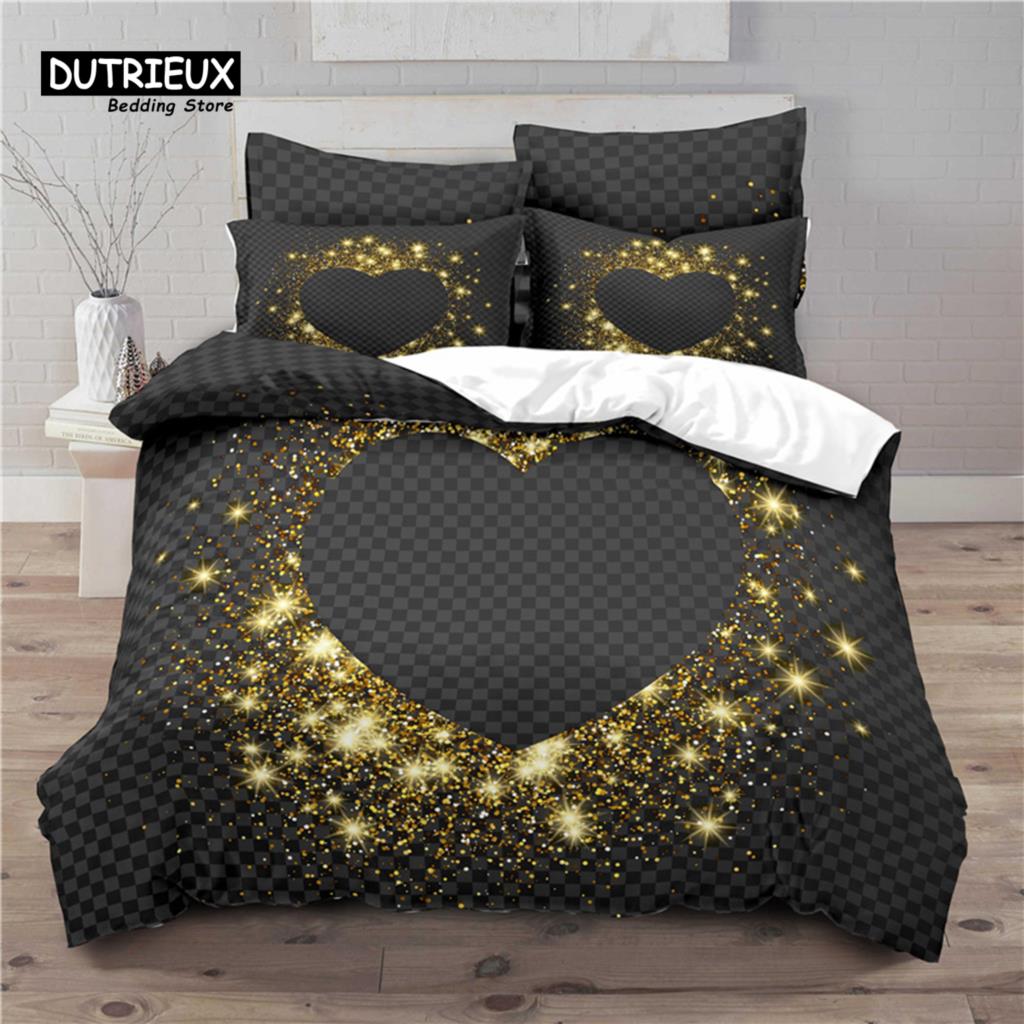 Luxury 3D Golden Heart Print Home Living Comfortable Duvet Cover Pillowcase Kid Bedding Set Queen and King EU/US/AU/UK Size