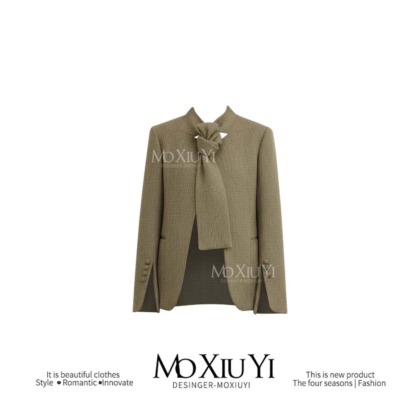 Moxiuyi 2025 Autumn/Winter New High-End Elegant Design Buttonless Blazer for Women S зелёный