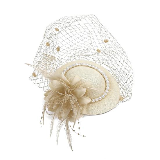 Women Fascinator Hat Feather Mesh Imitation Pearls Decor Pillbox Hat Small Top Hat Daily Party Hair Accessory