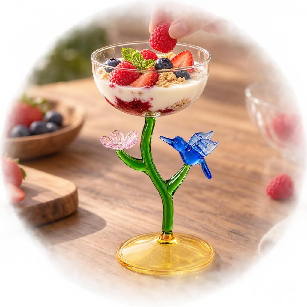 Handcrafted Glass Goblet with Hummingbird Ornament Decorative
