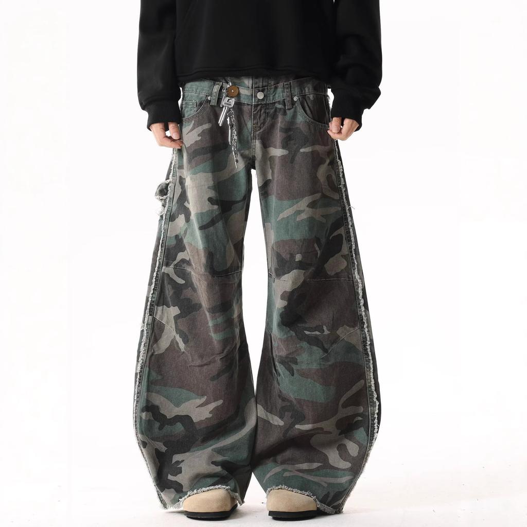 Jeans utility mimetici da strada americani per uomo e donna, vintage vintage con molte tasche, stile gamba larga larga larga lavato loose