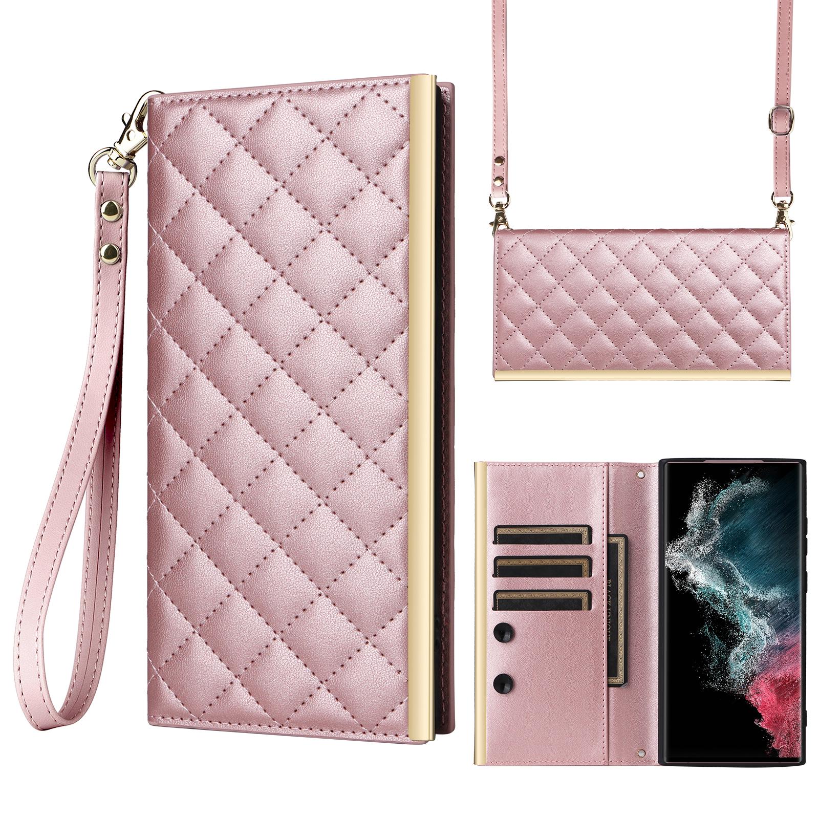 

For Samsung Galaxy S22 Ultra 5G Wallet Case PU Leather Flip Phone Cover with Shoulder Strap Rose Gold