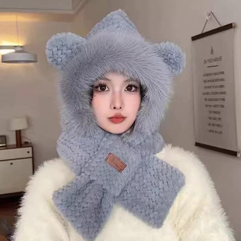 Women's Winter Windproof Thickened Warm Plush Hat Ear Bike Hat Hat Scarf One Piece Set