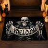 Dark Skeleton Halloween Banner Signs Floor Mat Festive Decorative Flannel Non-Slip Washable Mat for Entry & PartyParty-Ready