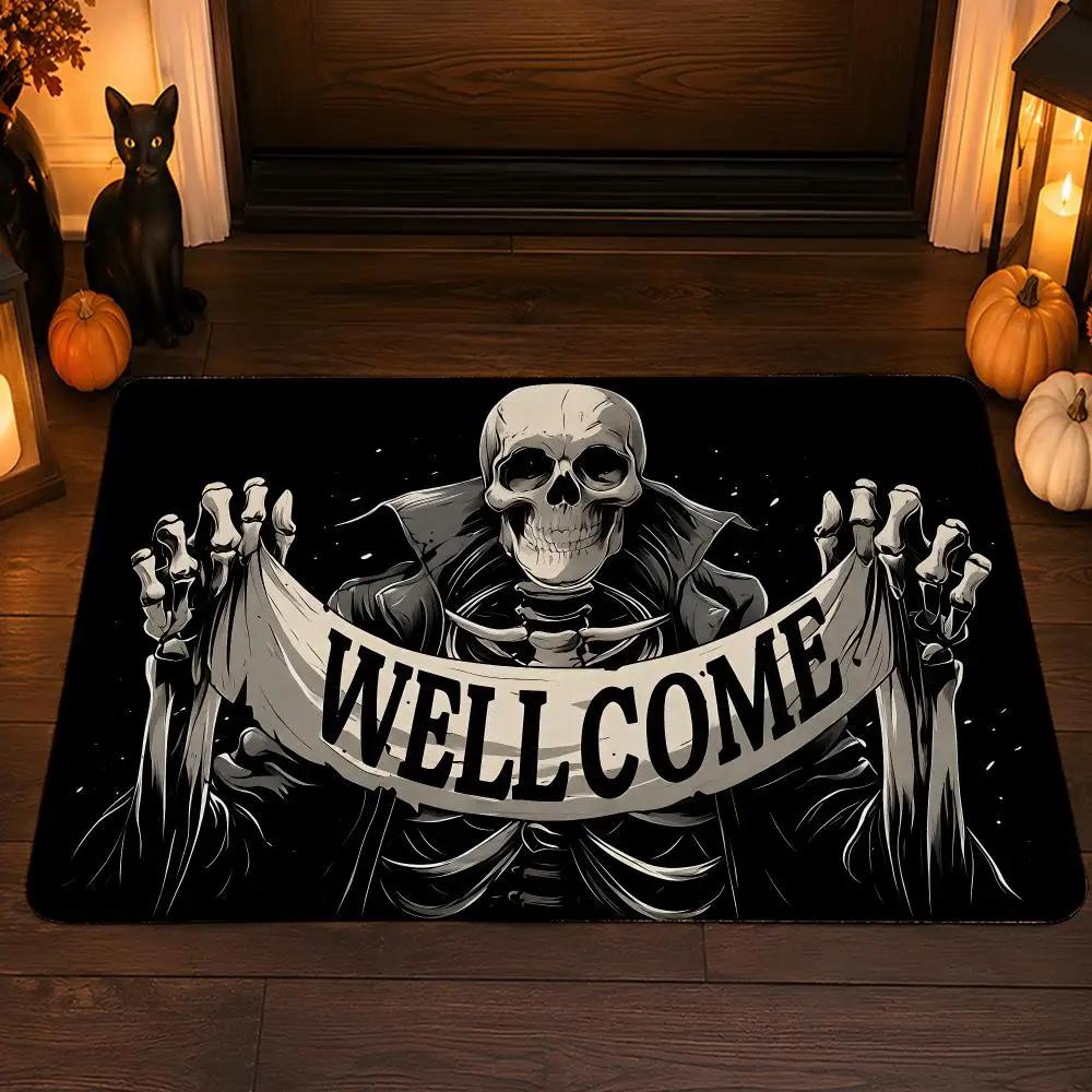 Dark Skeleton Halloween Banner Signs Floor Mat Festive Decorative Flannel Non-Slip Washable Mat for Entry & PartyParty-Ready
