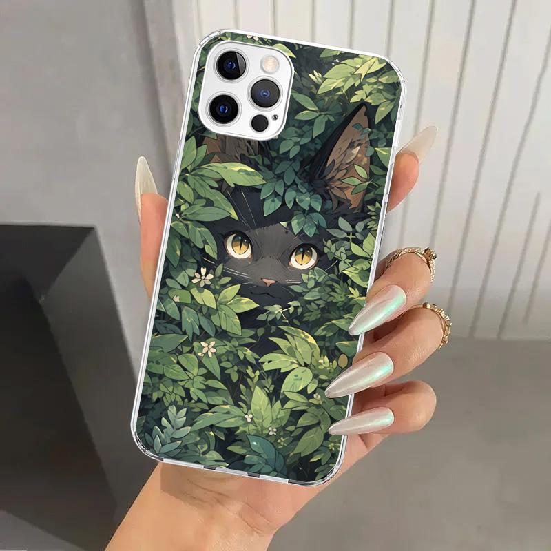 Anime Cute Black Cat Meow Phone Case for Iphone 17 Air 16 15 Plus 14 13 Mini 12 11 Pro Max 16E 7 8 SE 2020 Soft Funda Print Shel