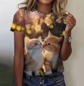 Fashion Women's T-Shirt Printed Kawaii Cat Pattern Short Sleeve Crew Neck Top Summer Outdoor Casual Street
