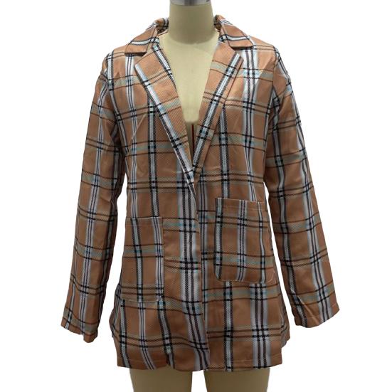 Women Suit Coat Lapel Long Sleeve Open Front Suit Jacket with Pockets Plaid Print