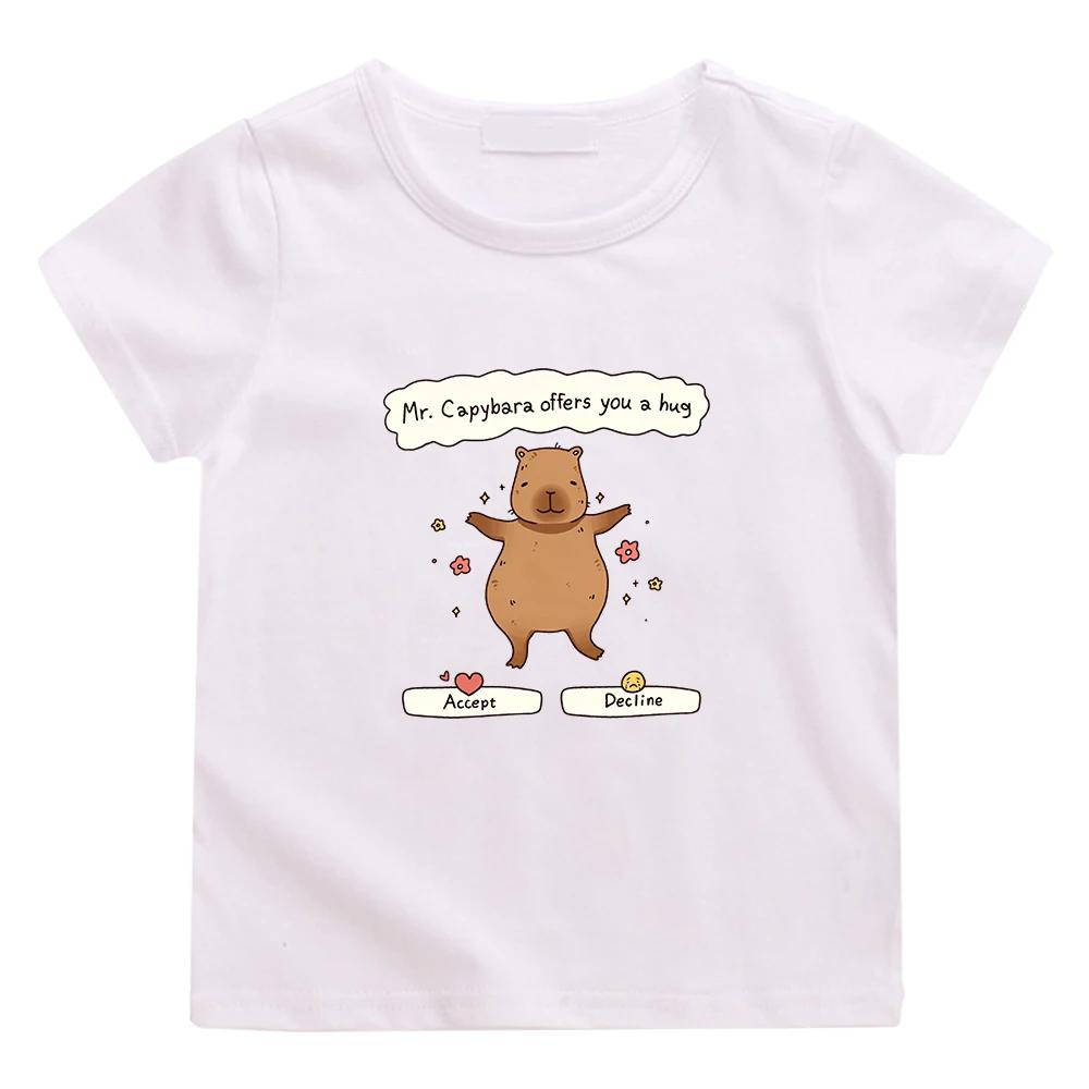 Kids Short Sleeve T Shirt Cute Hugging Capybara With Funny Text Print Crew Neck Tee Lovely Animal Graphic Casual Kids Daily Top