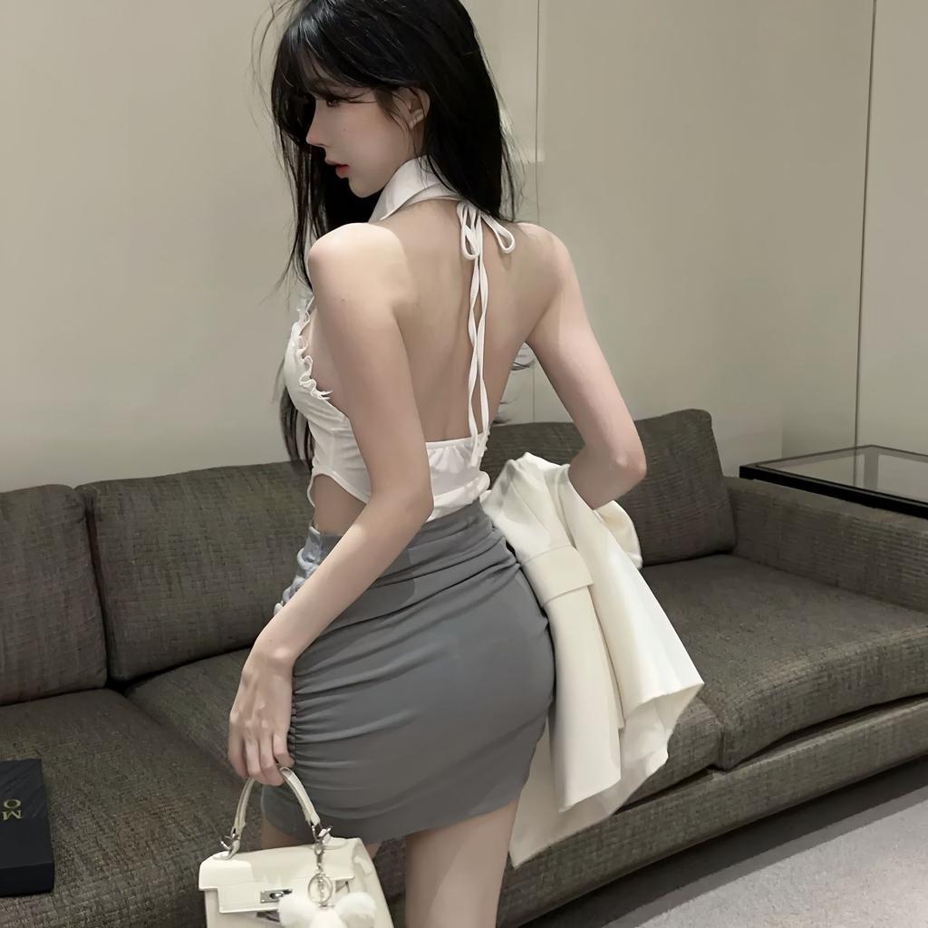Pure Lust Lingerie Spice Girls Bow Splicing Lace Neck Lapel Hollow Sexy Halter Suit