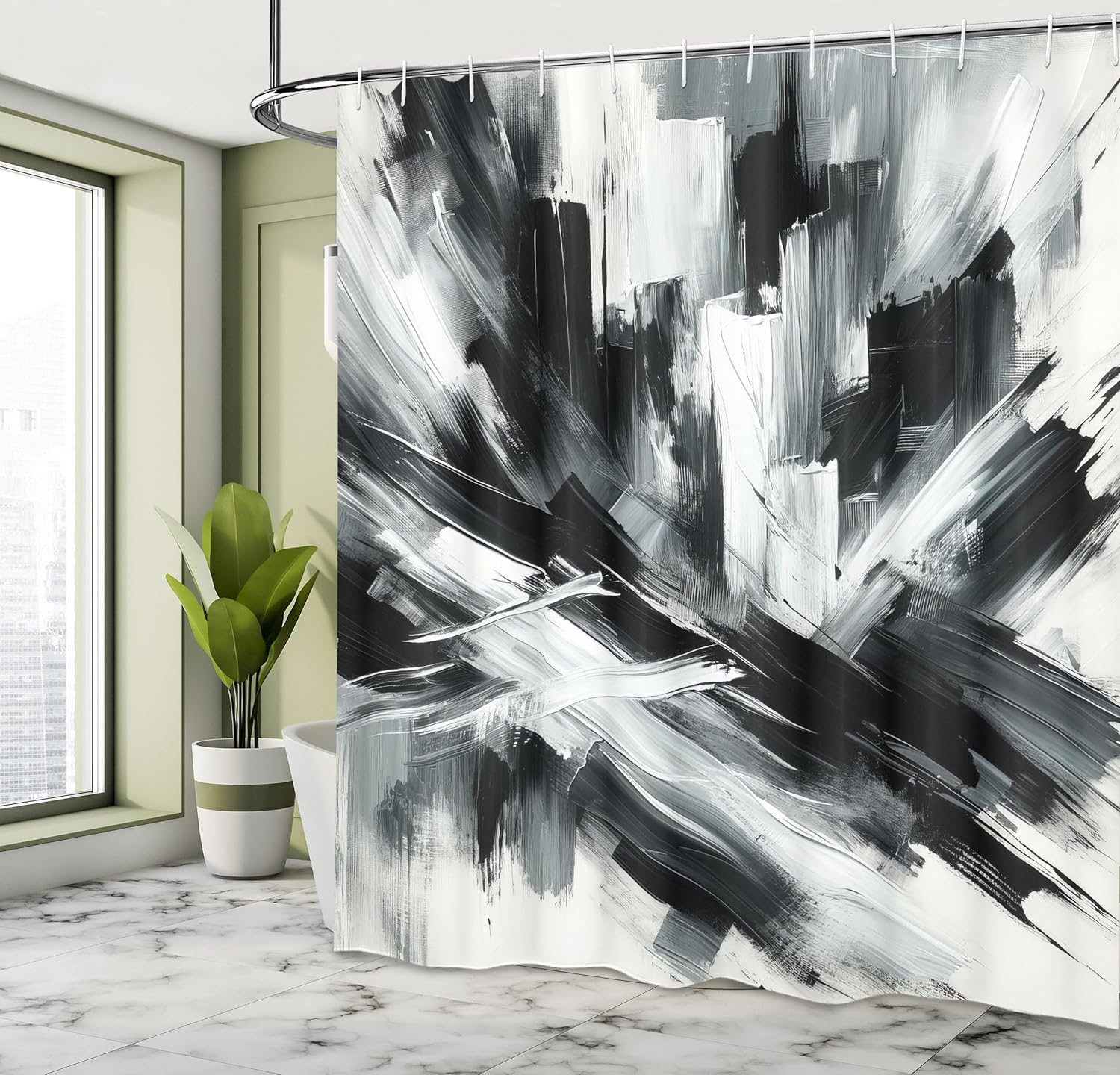 

Black And White Shower Curtain, Abstract Art Of Bold Brush Strokes In Monochrome Painting Print, Cloth Fabric Bathroom W60H190(CM)-1 Pcs