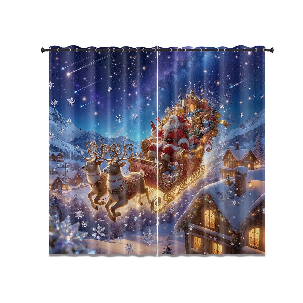 2 Santa Claus Sled Print Perforated Blackout Curtains Multiple Size Living Room Bedroom Insulation Decoration Machine Washable