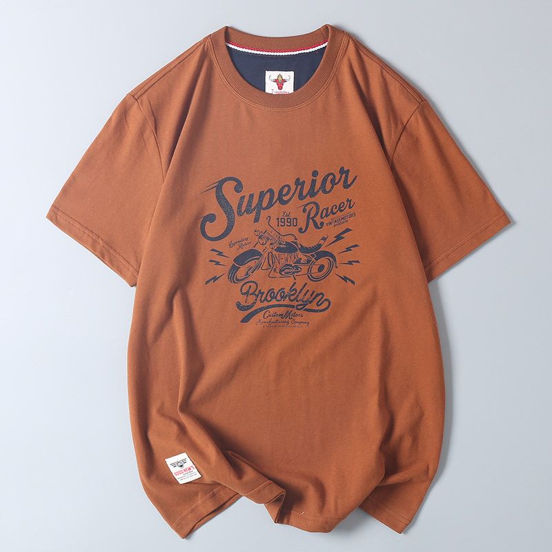 Foreign Trade Export Hk Hong Kong Style Surplus Stock All-Cotton Brushed Base Layer Shirt Summer Men's Retro Motorcycle Print Short-Sleeve T-Shirt