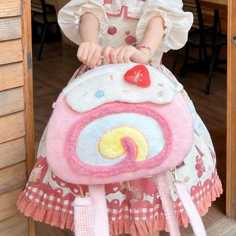 

Cute Swiss Roll Cake Plush Backpack Kawaii Dessert Design Crossbody Bag Large Capacity Lolita Style Fluffy Shoulder Bag Girls 24-5-25cm