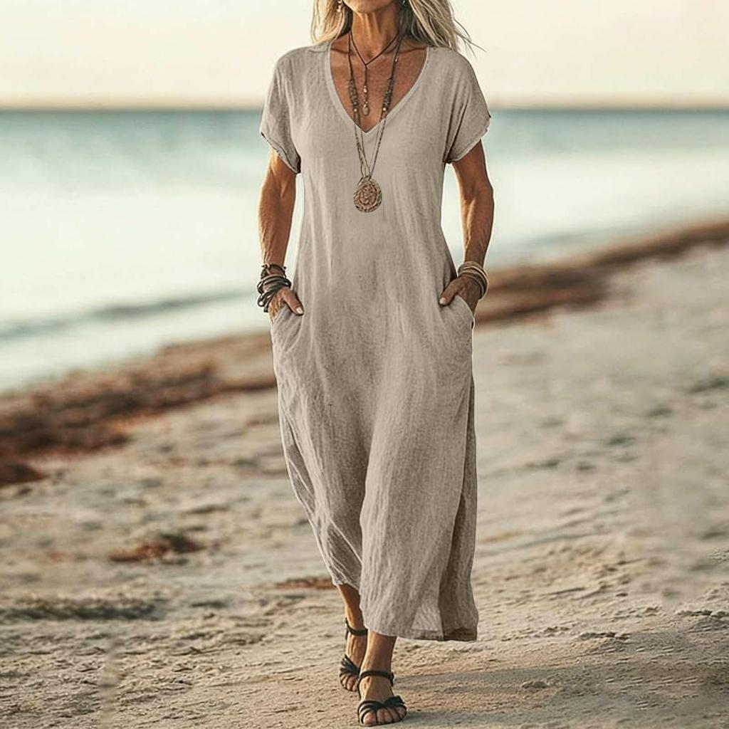 Women V Neck Short Sleeve Loose Fit Maxi Dress with Pockets Casual Summer Lightweight Long Dress for Daily Wear