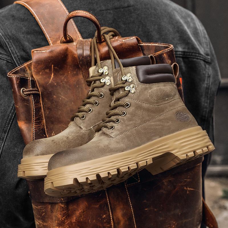 Pánské podzimní zimní vysoké boty z pravé kůže, britský styl, plyšové, venkovní, žluté pracovní boty