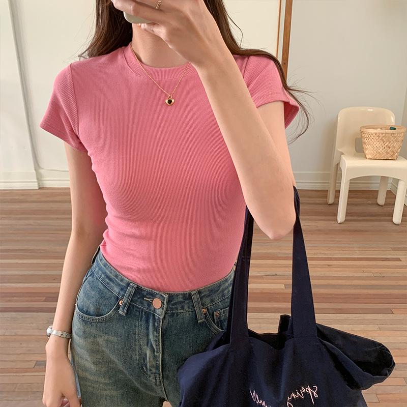 260g Women's Ribbed Cotton T-Shirt, Summer Short Sleeve, 2026 New Style, Solid Color, Plus Size, Versatile and Trendy.