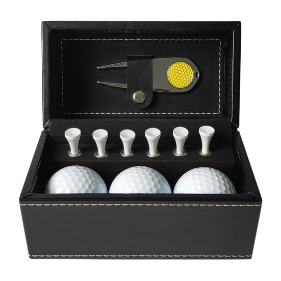 1 Set Golf Gift Box with 3 Balls 6 Tees Metal Divot Repair Tool Hat Clip Golf Accessories Kit Faux Leather Case Men Women Professional Beginner