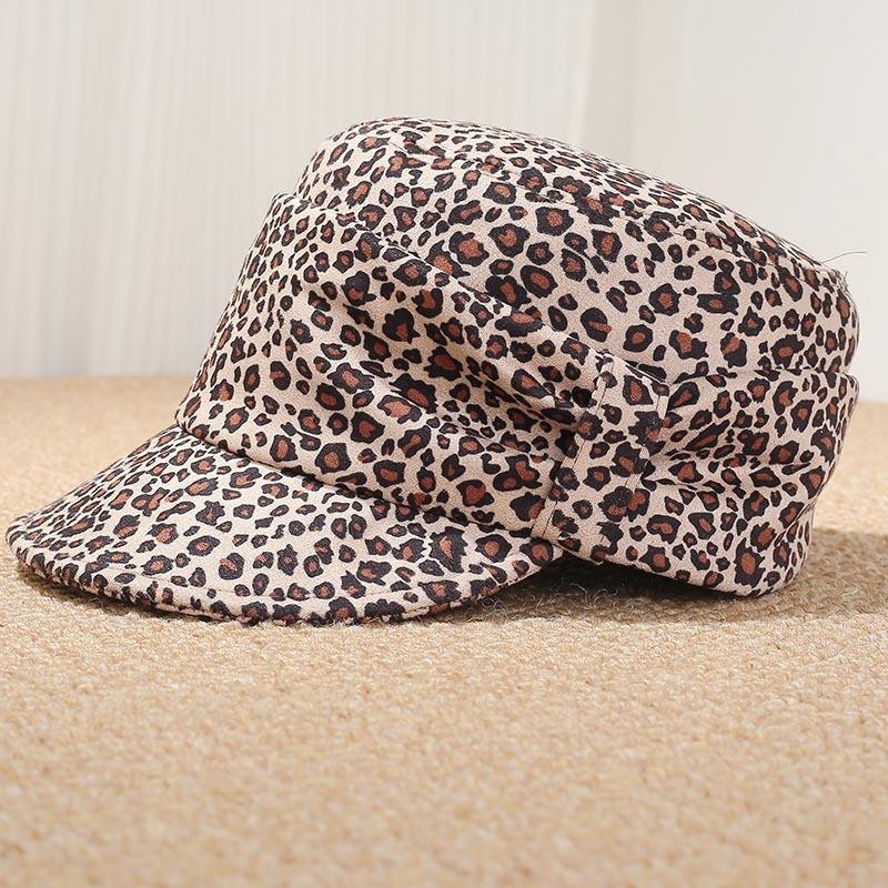 Retro leopard print newsboy hat women's autumn new bow octagonal hat showing face small casual duck tongue navy hat