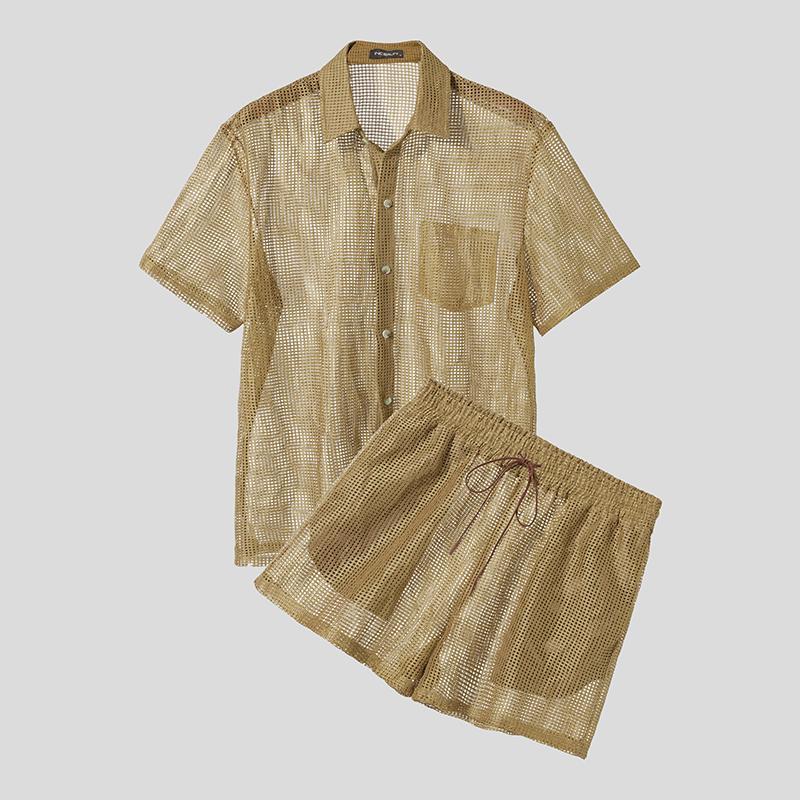 

INCERUN Мужские комплекты из двух предметов: полые топы с коротким рукавом, эластичные шорты на кулиске, пляжные комплекты 4XL хаки