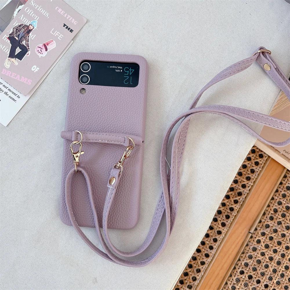Crossbody PU Leather Phone Case for Samsung Galaxy Z Flip 6 5 4 3 Flip6 Flip5 Flip4 Flip3 5G Protective Shockproof Cover
